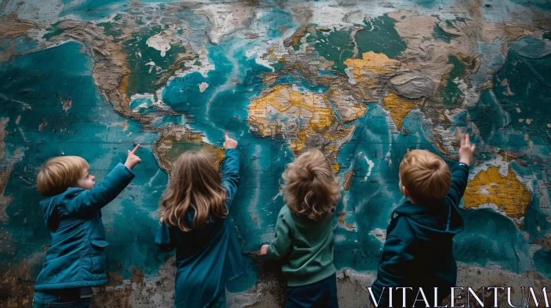 Discover the Joy of Exploration: Children Pointing at World Map AI Image