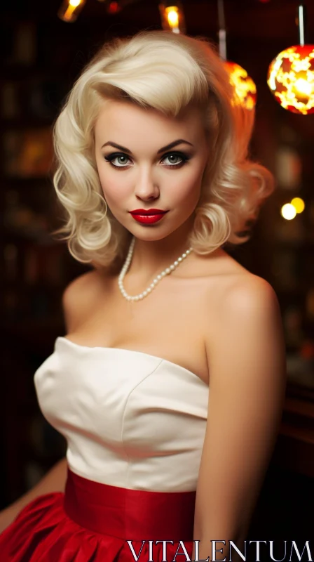 Elegant Woman in White Dress at Bar with Vintage Hair AI Image