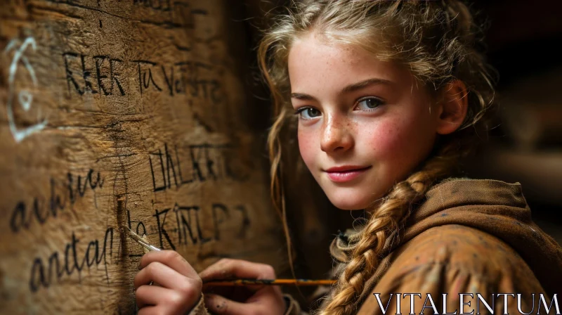Joyful Young Girl Writing on Wooden Wall - Artistic Image AI Image