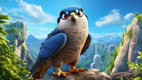 Majestic Falcon 3D Rendering with Waterfall and Mountains