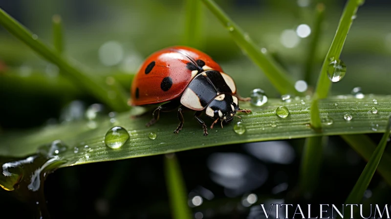 AI ART Red Ladybug on Green Leaf with Water Droplets