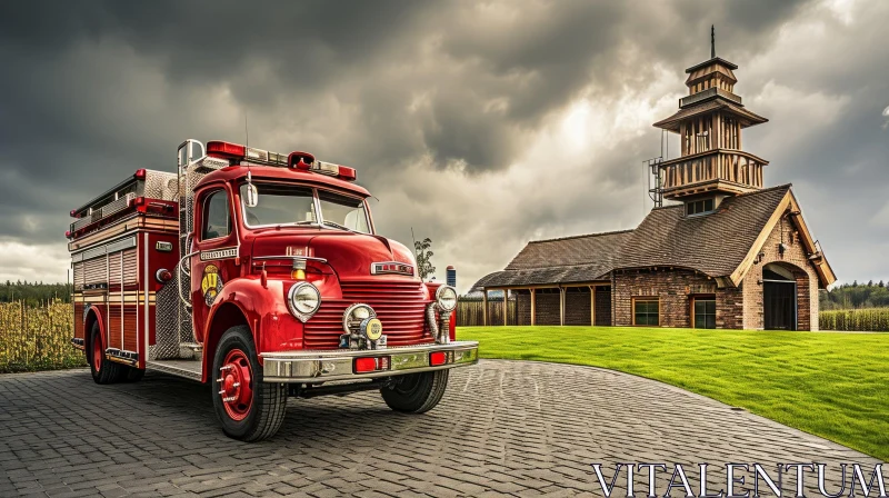 Red Vintage Fire Engine Parked in Front of a Fire Station AI Image