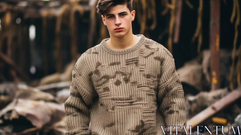 Serious Young Man in Brown Sweater in Abandoned Building AI Image