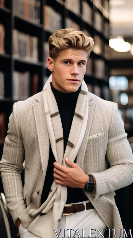 Stylish Young Man in Beige Suit Jacket and Striped Scarf AI Image