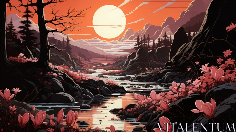 Tranquil River Landscape with Setting Sun and Mountains AI Image