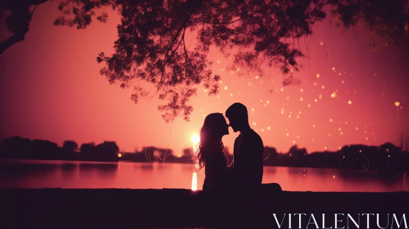 AI ART Tranquil Sunset Over Lake with Romantic Couple