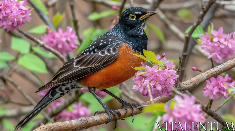 Varied Thrush Bird Perched on Pink Flowered Branch AI Image