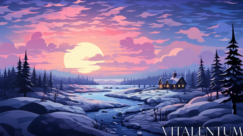 AI ART Winter Landscape with Cabin and River