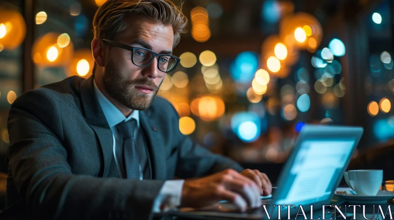 Young Professional Man Working on Laptop in Dimly Lit Bar or Restaurant AI Image