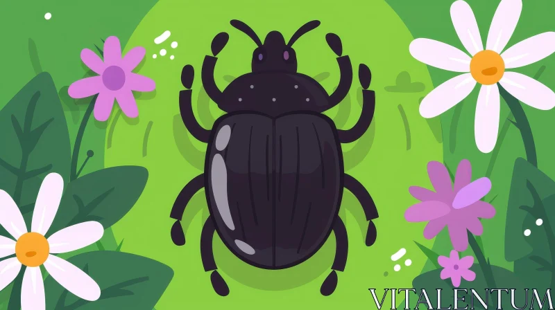 AI ART Black Beetle on Green Leaf with Flowers