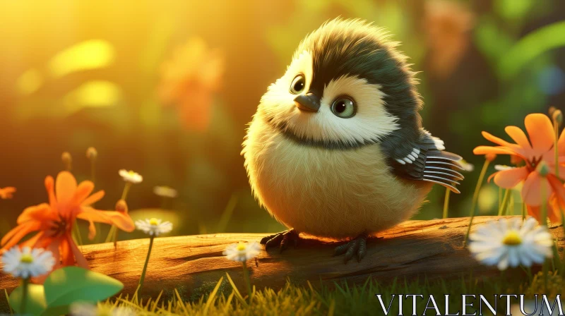 Cartoon Bird in Flower Field - Peaceful Nature Scene AI Image