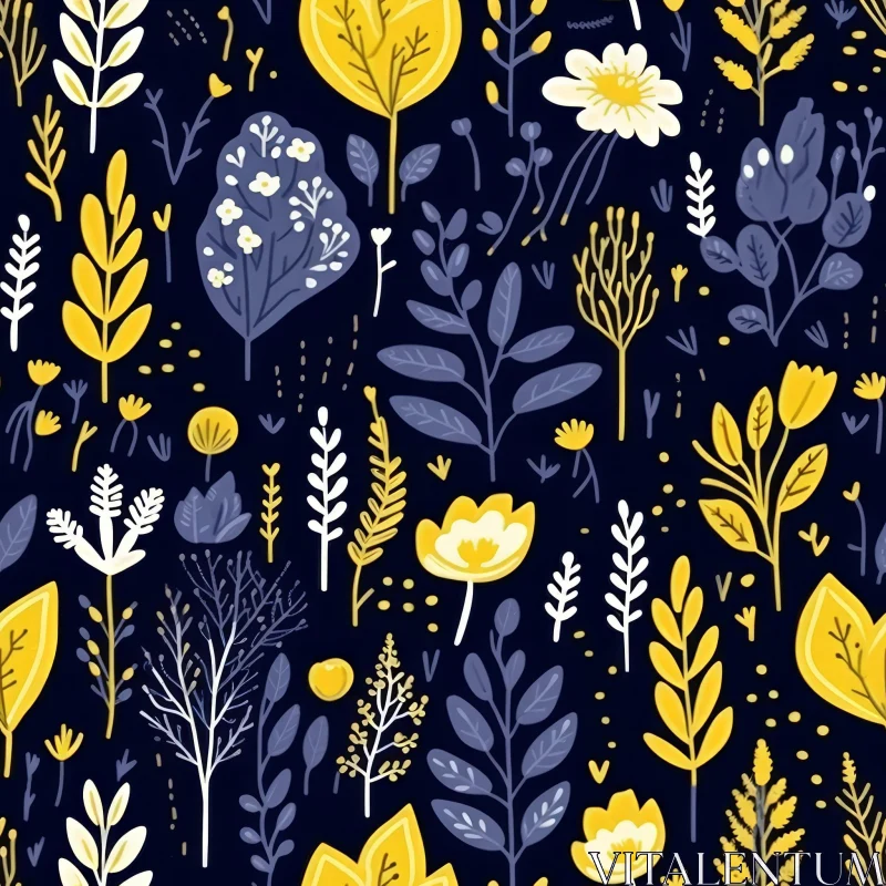 Delicate Floral Hand-Drawn Pattern on Dark Blue Background AI Image