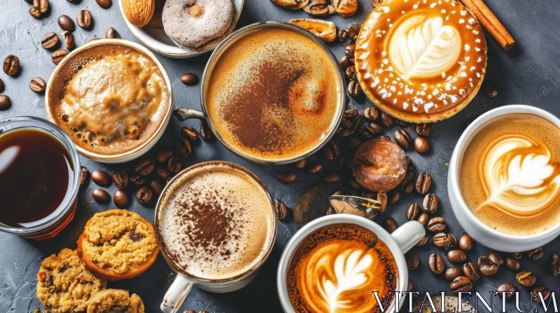 Delicious Coffee Drinks and Pastries - Captivating Flat Lay Composition AI Image