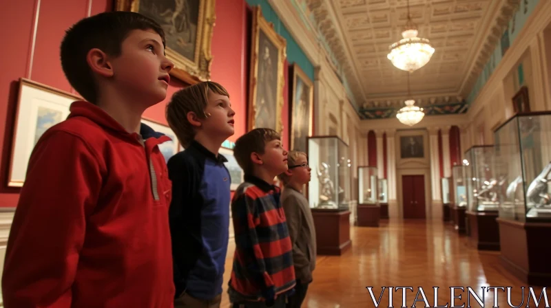 Enchanting Exploration: Boys Discovering Art in a Majestic Museum AI Image