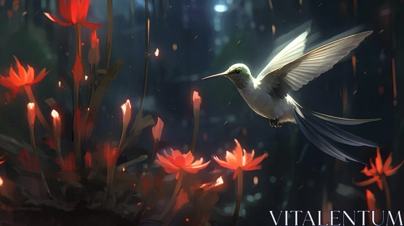Enchanting Hummingbird and Flower in Dark Forest AI Image