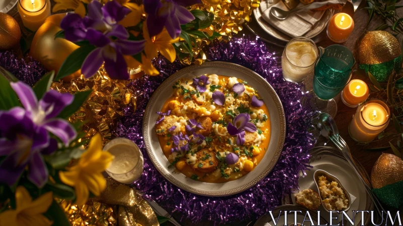Exquisite Food Still Life: Soup and Croutons on a Decorated Table AI Image