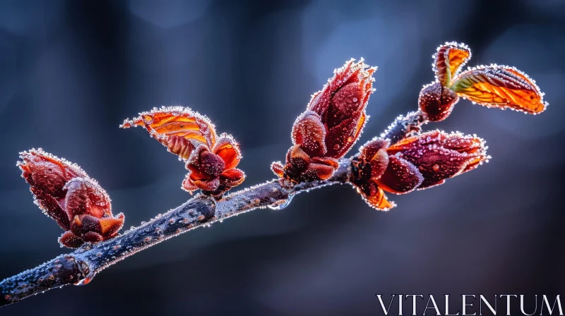 AI ART Serene Branch with Red Buds in Frost and Sunlight