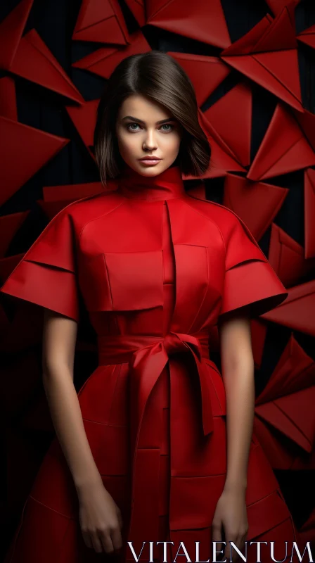 Serious Woman Portrait in Red Dress AI Image
