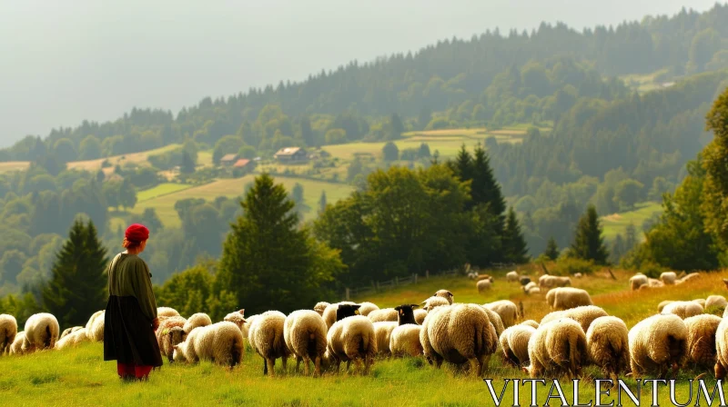 Shepherdess with Sheep on a Hillside - Captivating Nature Image AI Image