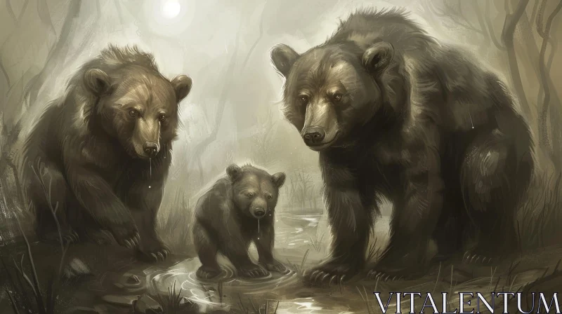 Three Bears in Forest Painting AI Image