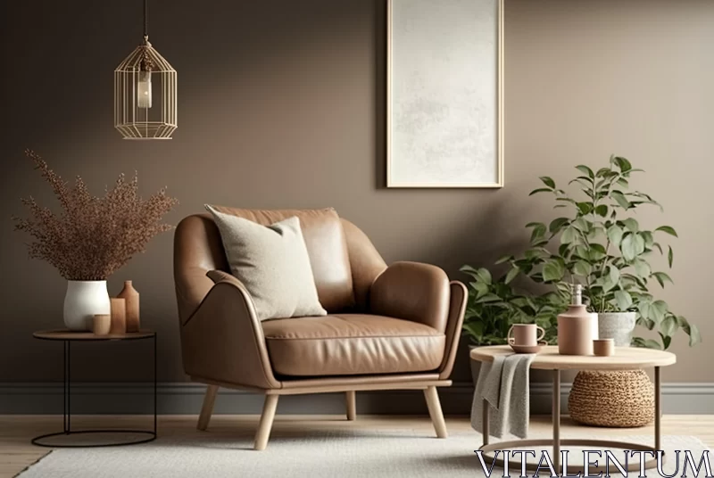 Tranquil Living Room with Brown Leather Chair and Plants | Earth Tone Color Palette AI Image