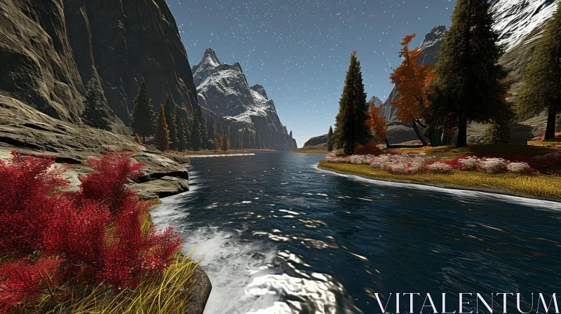 Tranquil Mountain Valley Landscape with Serene River AI Image