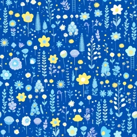 Whimsical Cartoon Floral Pattern on Blue Background