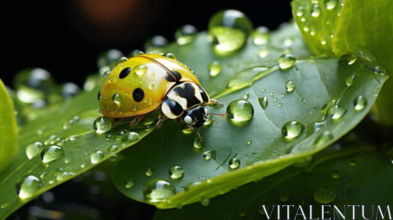Yellow Ladybug on Green Leaf with Water Droplets AI Image