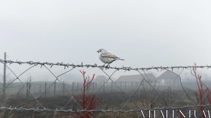 Bird on Rusty Barbed Wire Fence in Nature AI Image