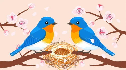 Bluebirds on Branch with Cherry Blossoms - Cartoon Style