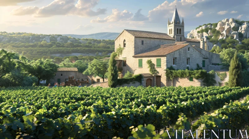 Captivating French Countryside Landscape with Vineyard and Stone House AI Image