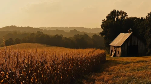 Captivating Rural Landscape with Barn and Corn Field