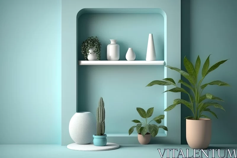 Clean and Streamlined 3D Art Object Background with Potted Plants and Shelving AI Image