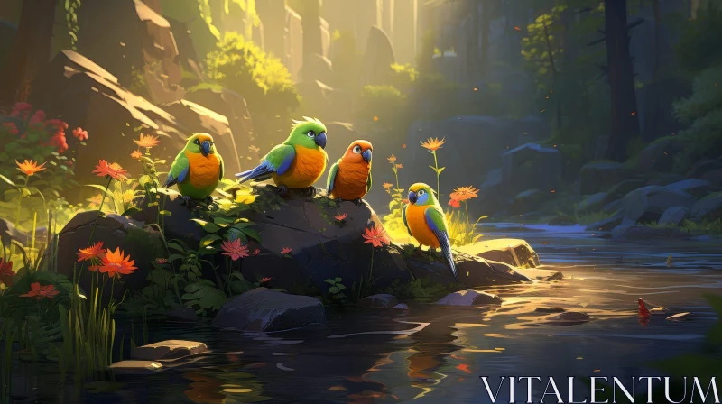 Colorful Parrots on River Rocks AI Image