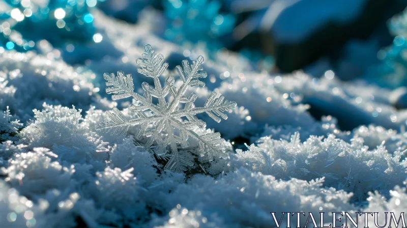 Detailed Snowflake on Snow-Covered Surface AI Image
