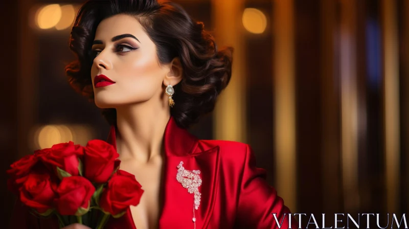 AI ART Elegant Woman in Red Suit with Red Roses