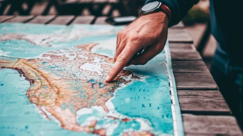 Exploring North America: A Hand Points the Way on a Wooden Table