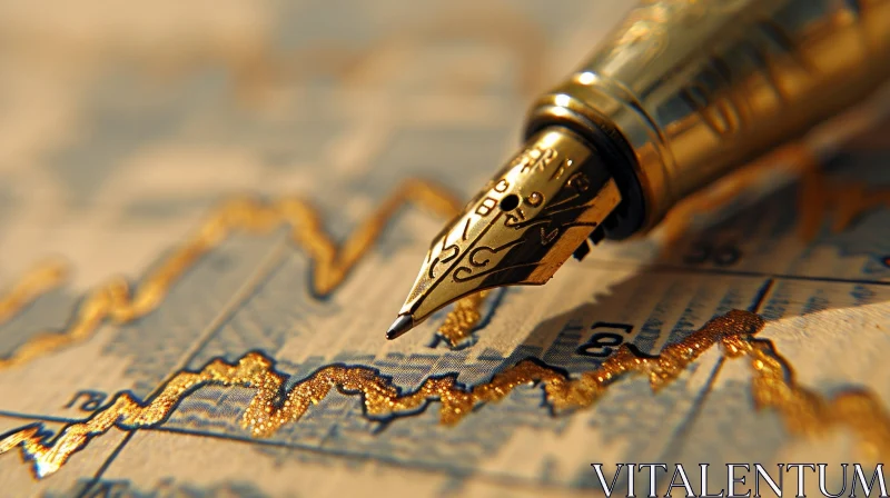 Gold Fountain Pen on Financial Newspaper | Luxurious Glitter AI Image