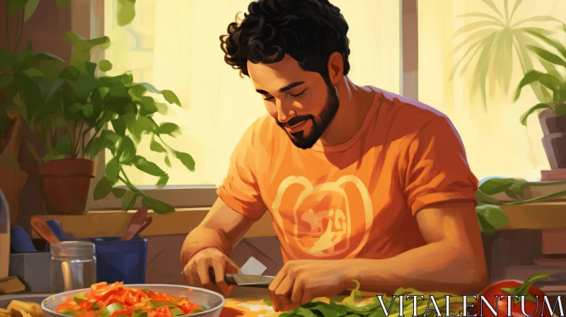 AI ART Happy Man Cutting Vegetables in Kitchen