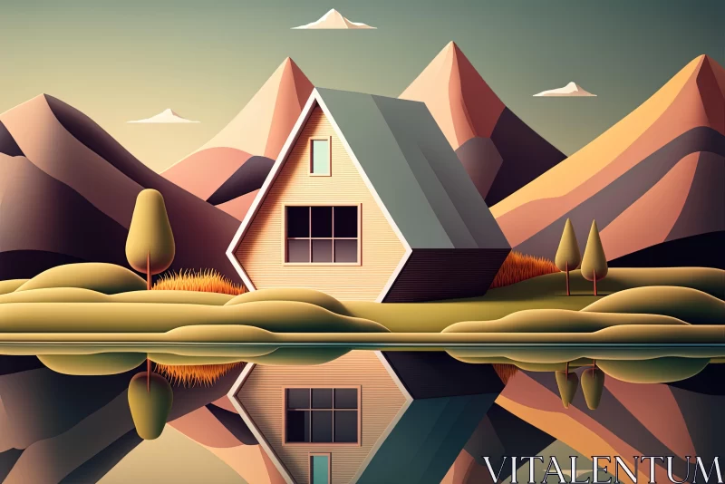 Mountain House in a Serene Valley | Soft Cubism Art AI Image