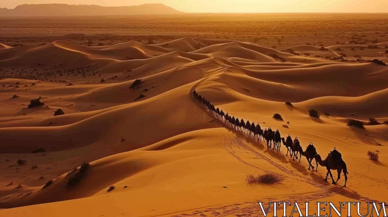 Mysterious Caravan of Camels in the Desert AI Image