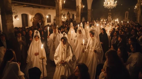Solemn Procession of Women with Candles in a Dimly Lit Space
