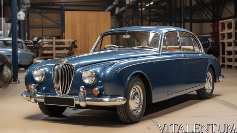 Timeless Elegance: A Classic Blue Car Parked in a Warehouse AI Image