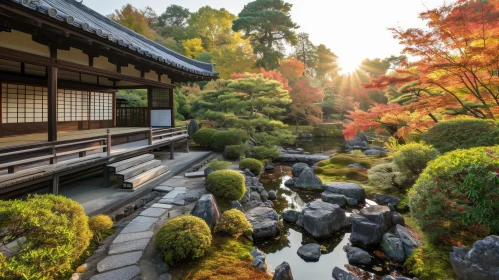 Tranquil Japanese Garden with Traditional House | Nature Photography