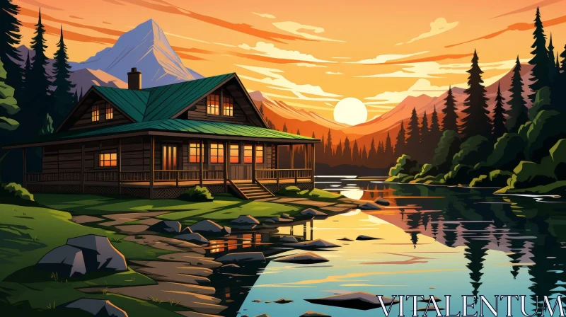 Tranquil Mountain Cabin Landscape at Sunset AI Image