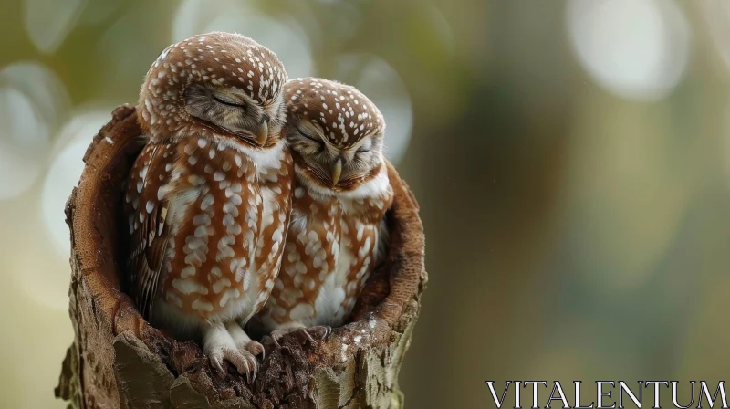 Tranquil Owls Sleeping in Tree Hollow AI Image