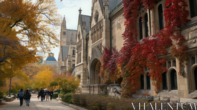University Campus in Fall: Captivating Shot of Vibrant Leaves and Ivy-Covered Building AI Image