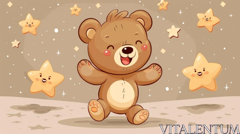 Whimsical Cartoon Illustration of Teddy Bear on Crescent Moon AI Image