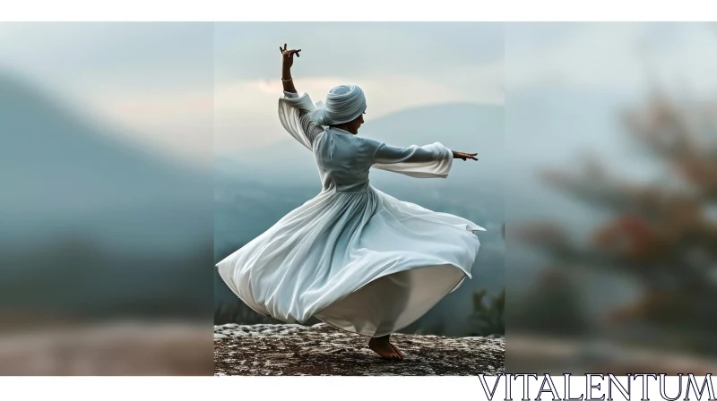 Whirling Dervish: Captivating Sufi Spiritual Dance in Mountainous Landscape AI Image