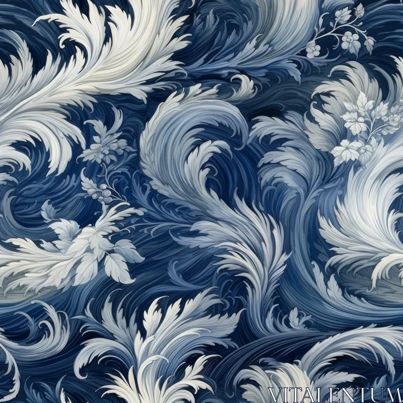 Blue and White Floral Damask Pattern AI Image